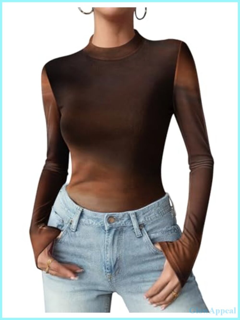 Zeagoo Floral Mesh Long Sleeve Mock Neck See Through Blouse